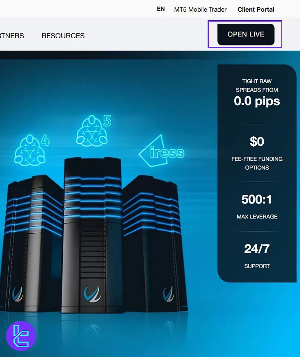 Broker’s account creation page highlighting the “Open Live” option