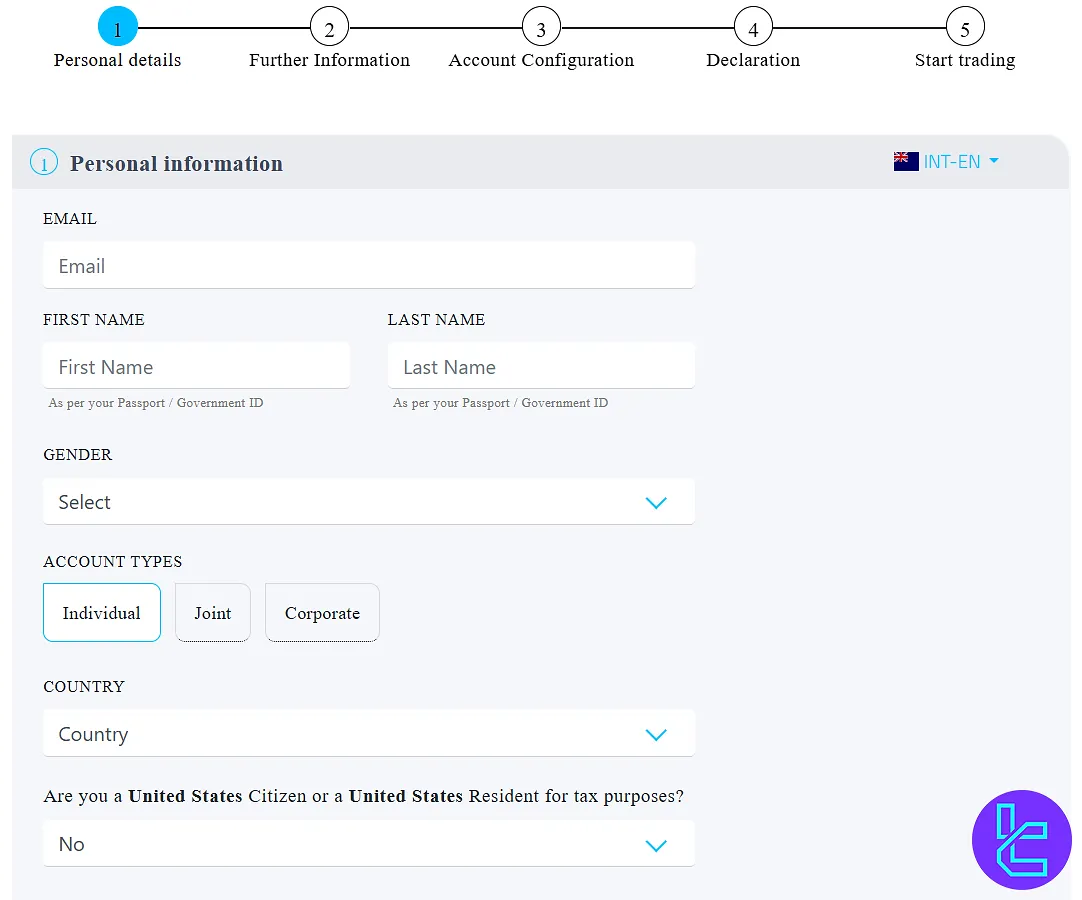 Personal information form on the broker’s account registration page