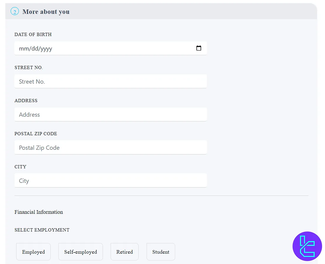 Address and date of birth entry form on the broker’s registration page
