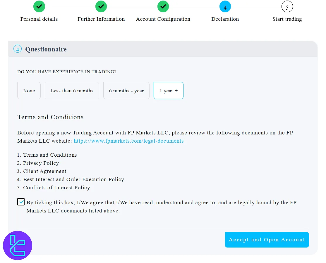 Trading experience form on the broker’s registration page