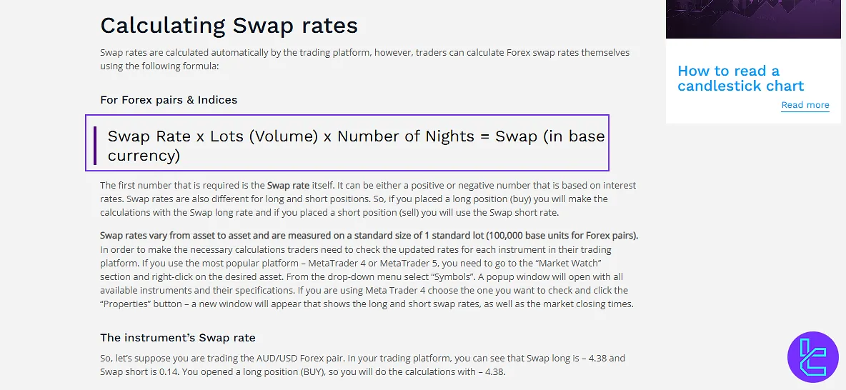 Swap fee details page of the Eightcap broker