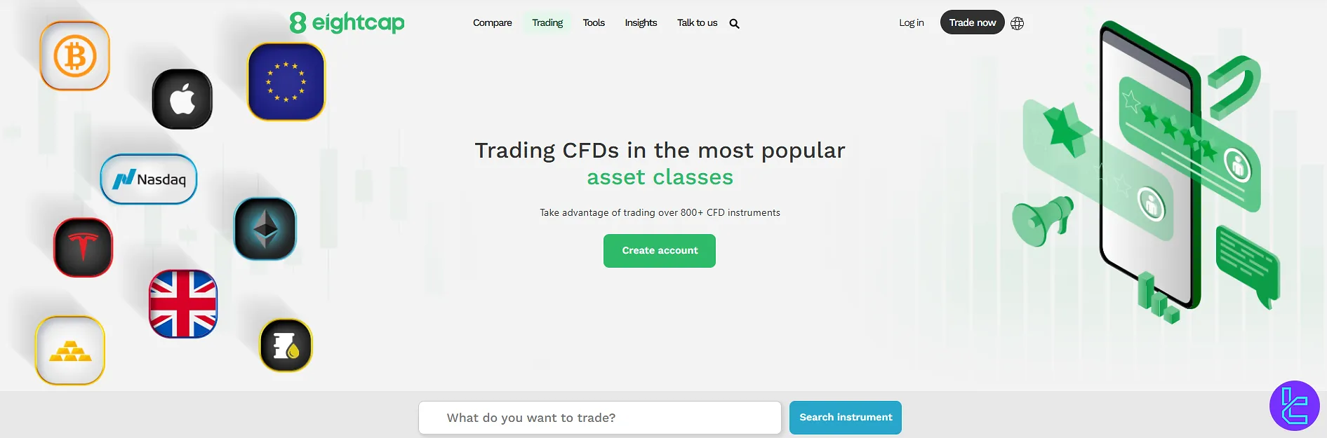 Tradable assets list on Eightcap broker platform
