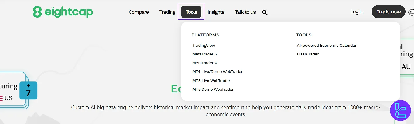 Trading tools offered by Eightcap broker