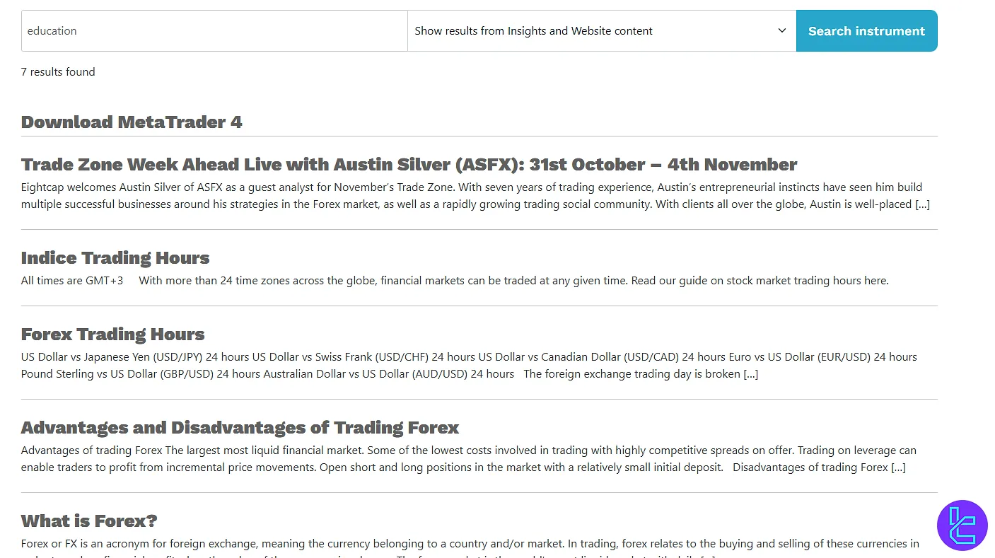 Eightcap broker educational resources section