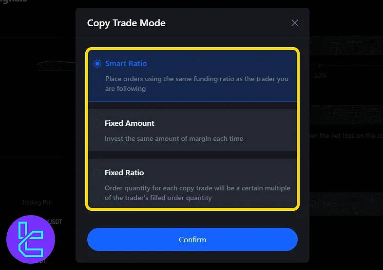 MEXC social trading mode selection menu