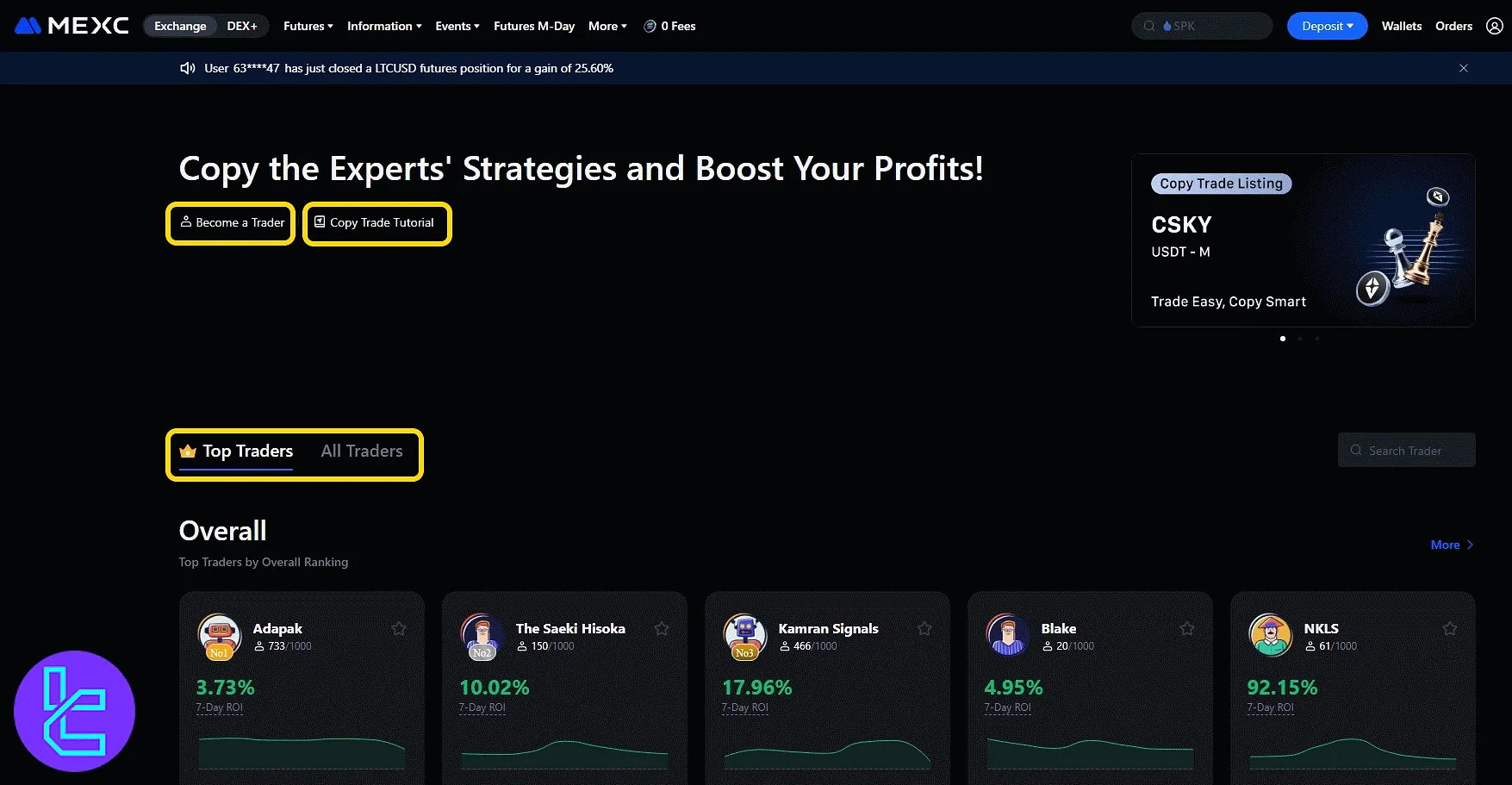 MEXC social trading dashboard with tutorial and become trader buttons