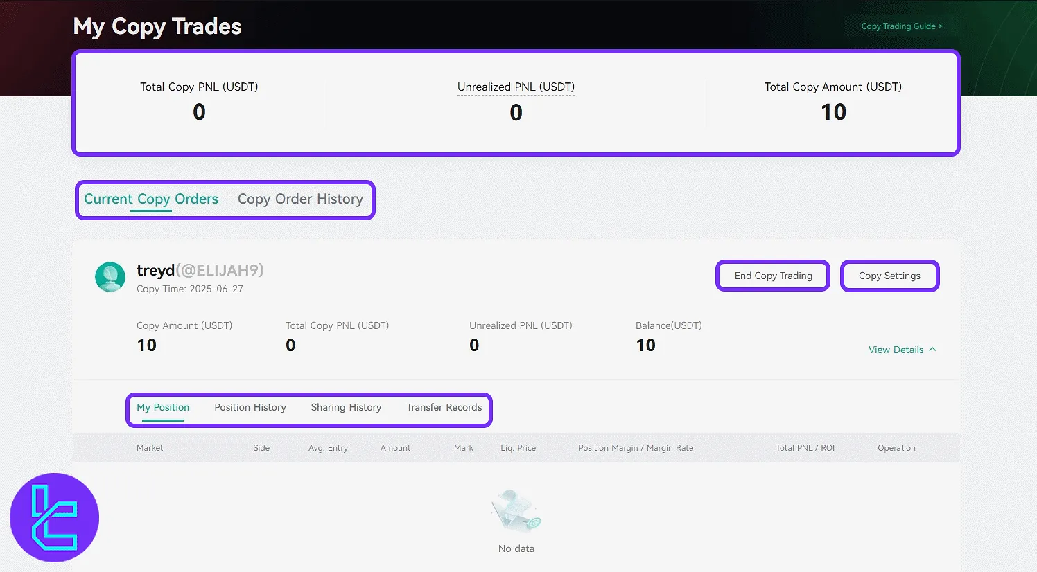 CoinEx social trading portfolio dashboard with positions and controls