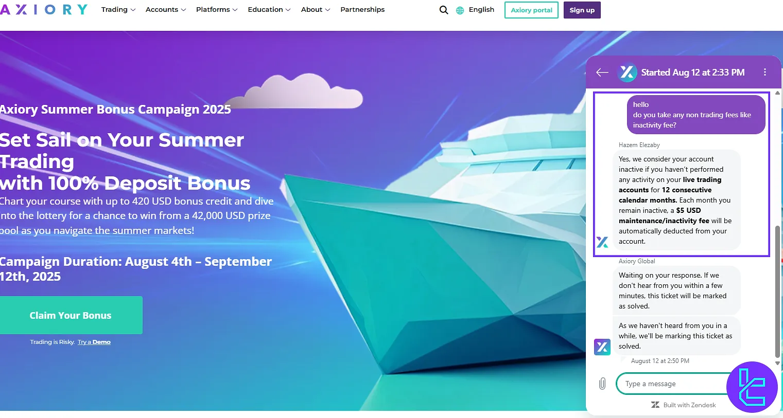 Axiory support reply about non-trading fees