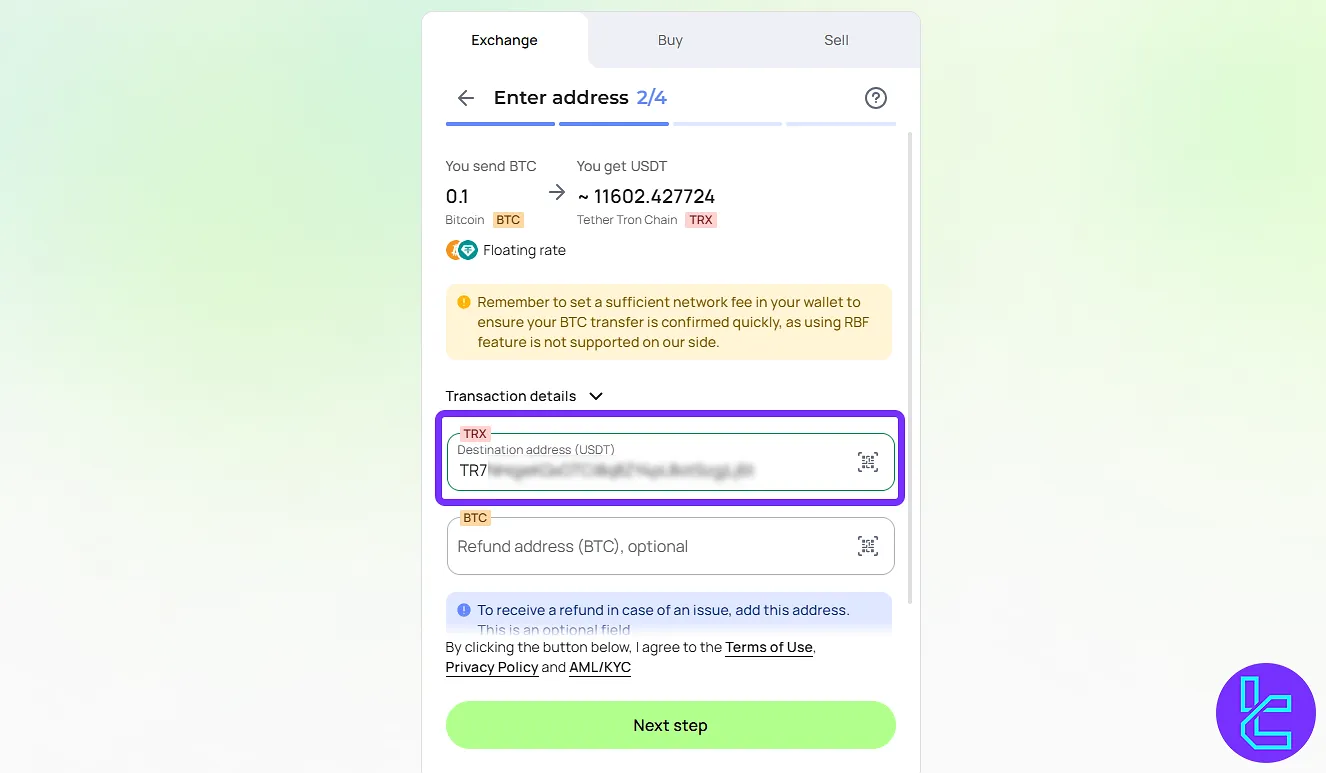 Changelly sell process