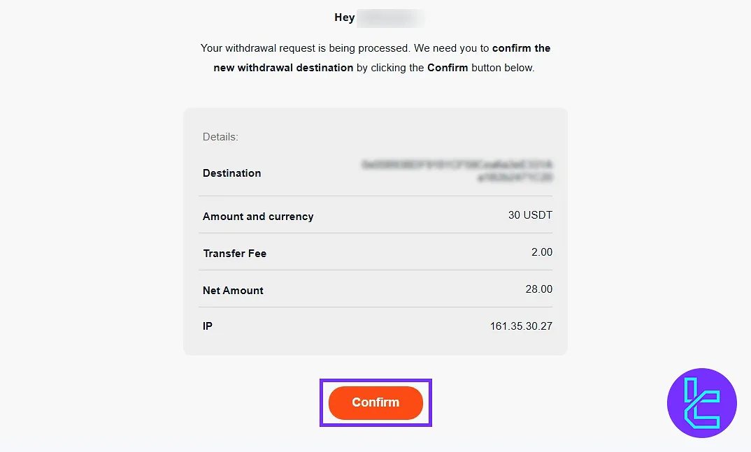 Email confirmation for Coinmetro USDT ERC20 withdrawal