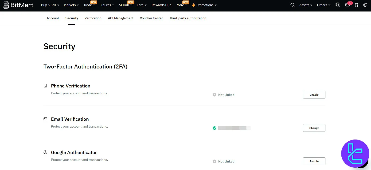 BitMart security page and two-factor authentication