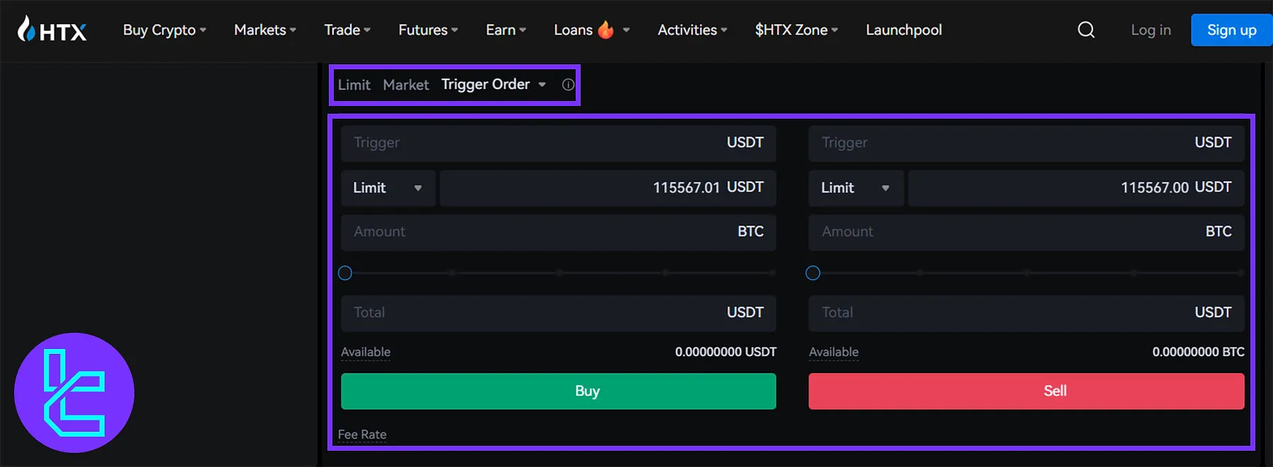 Order Type Selection Panel on HTX