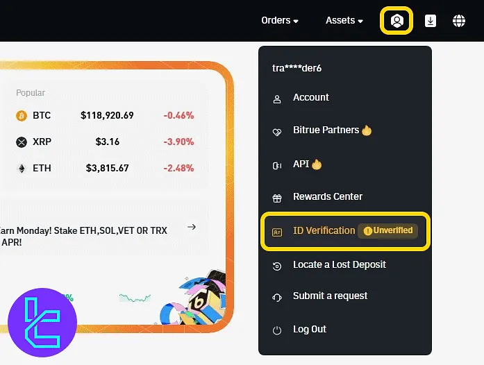 Bitrue ID approval menu dropdown