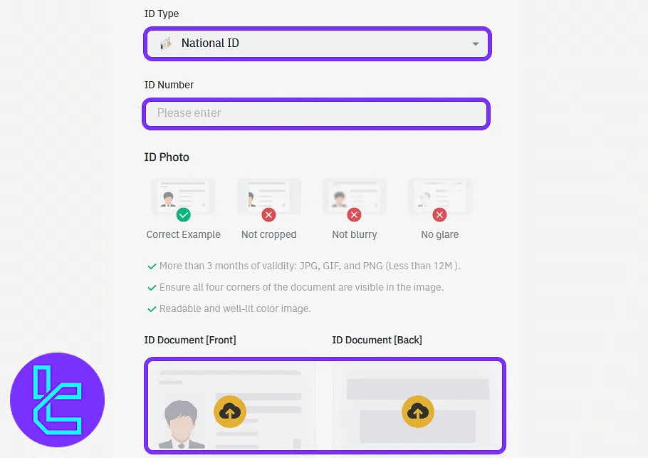 Bitrue document upload (national ID, passport, and driver's license) for POI process