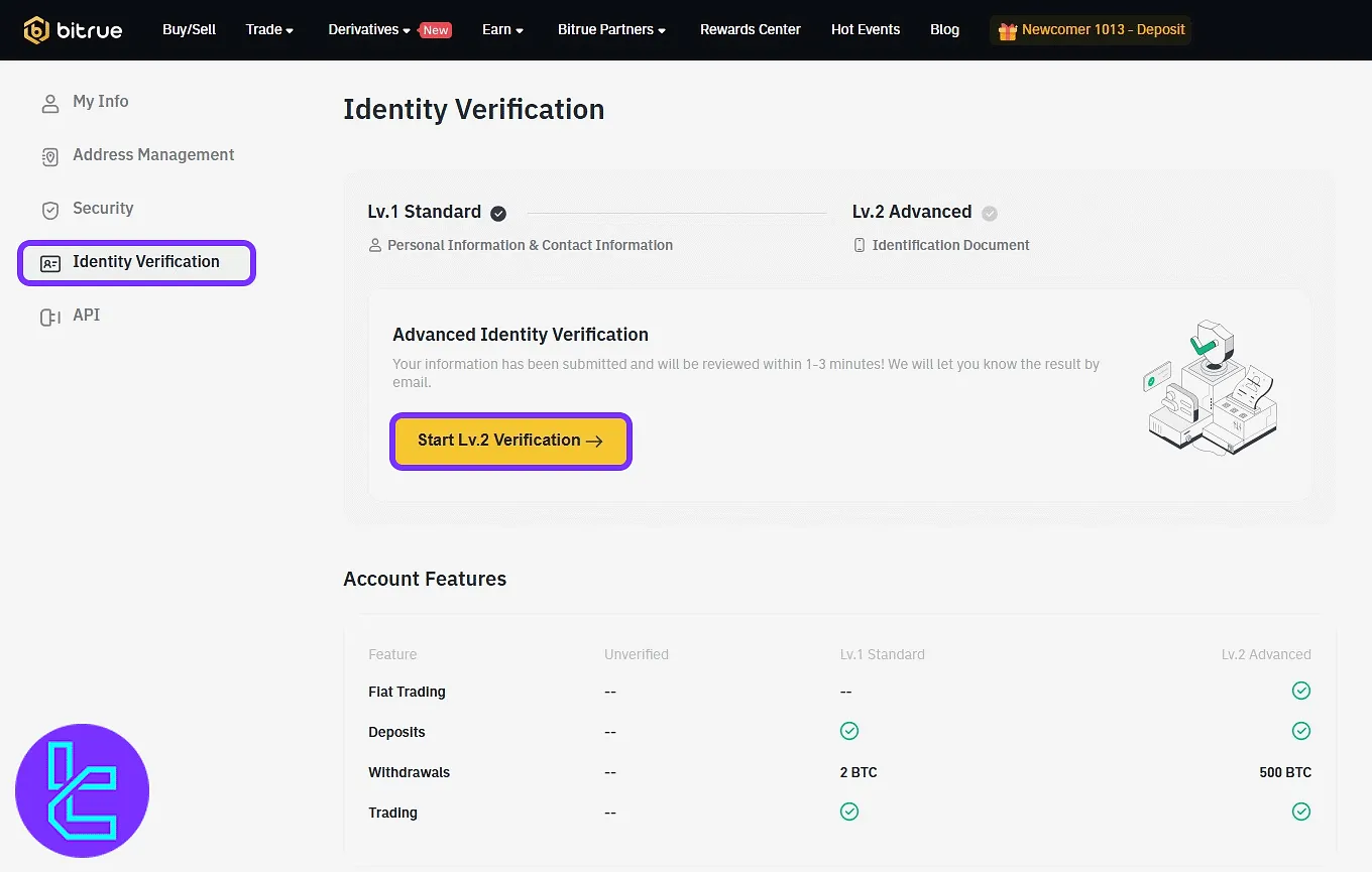 Bitrue ID approval level two start option