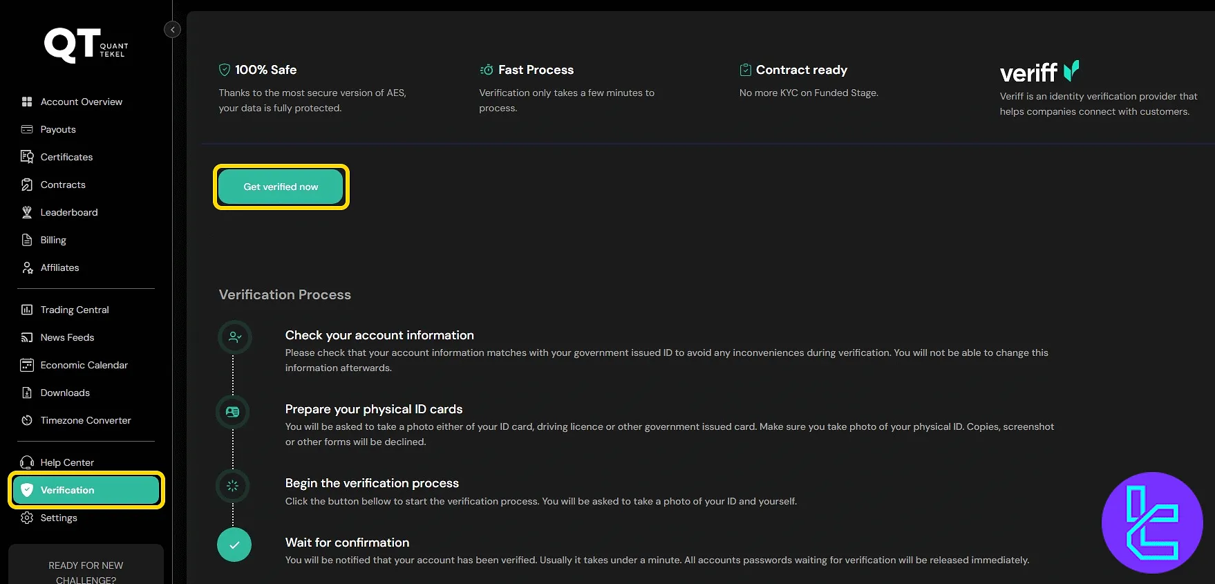 Quant Tekel menu navigation identity check