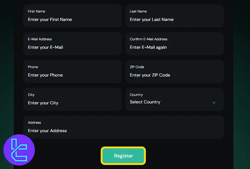 Quant Tekel account setup form with personal details