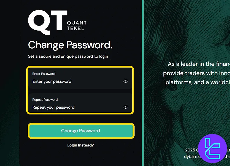 Quant Tekel password creation screen with two password inputs