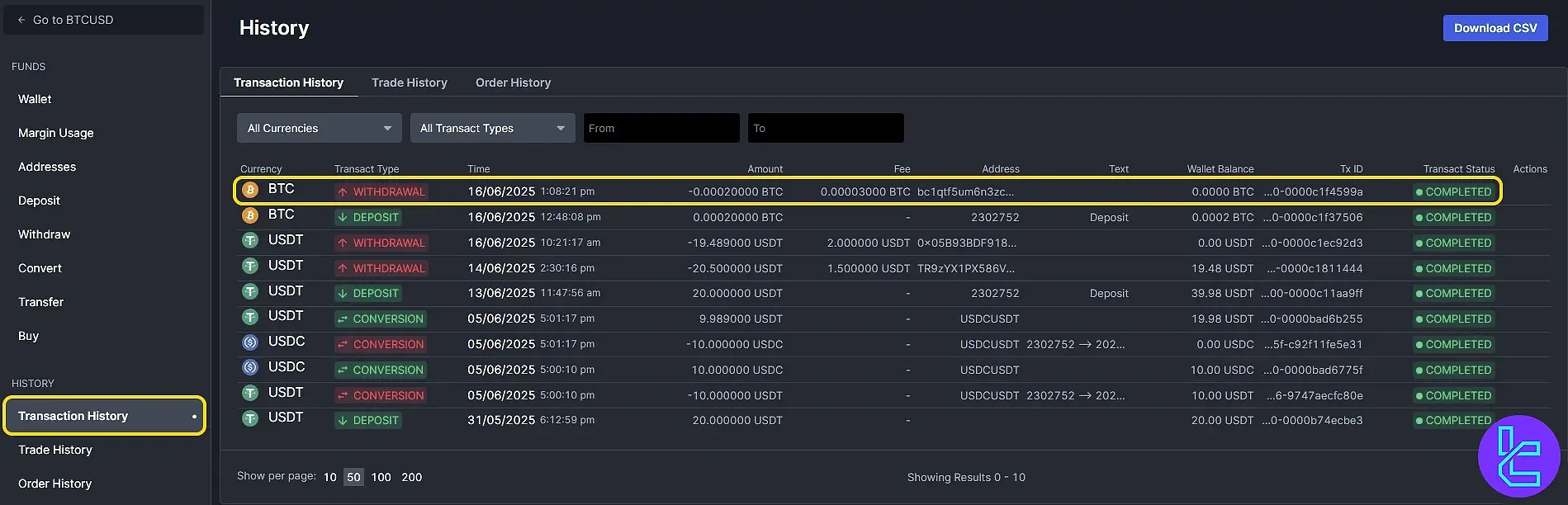 BitMEX withdrawal order report