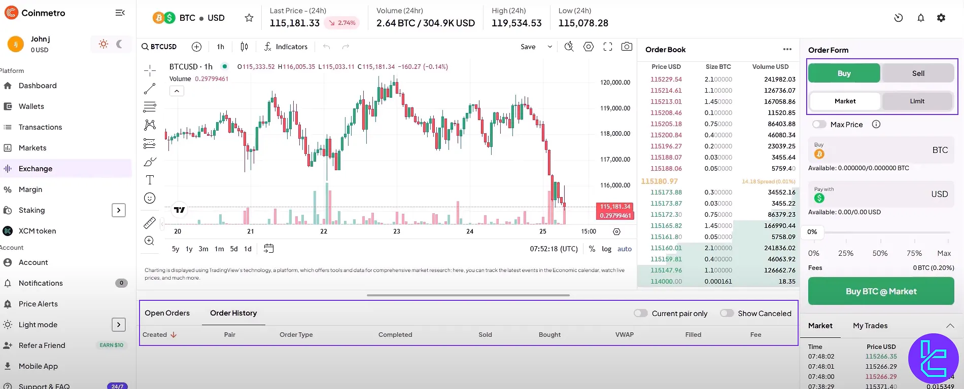 Coinmetro BTC/USD trading chart with order form