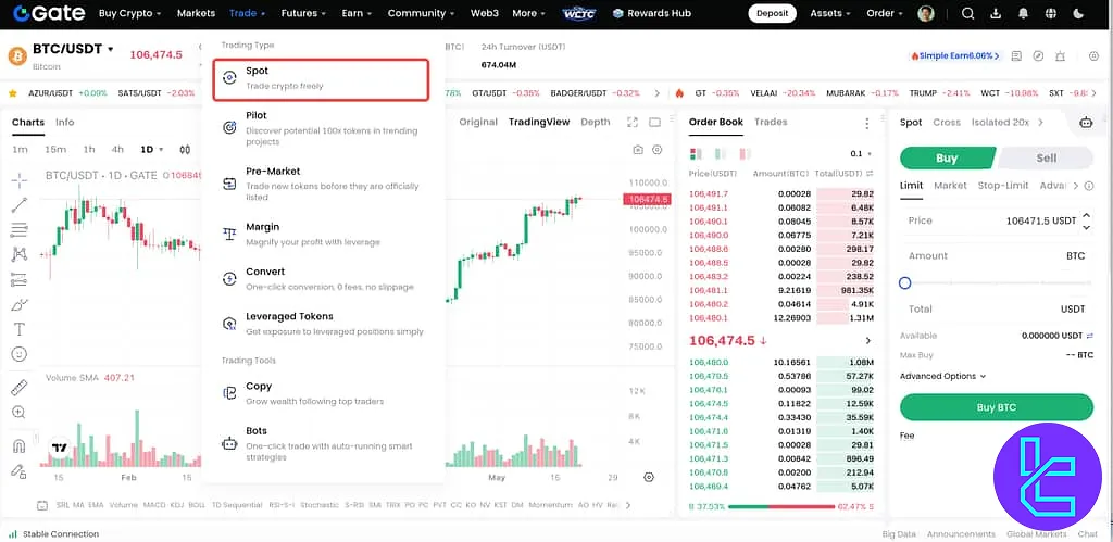 Spot trading interface on Gate exchange