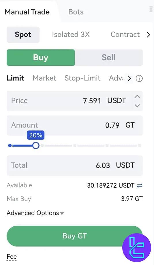 Spot trading order panel on Gate exchange