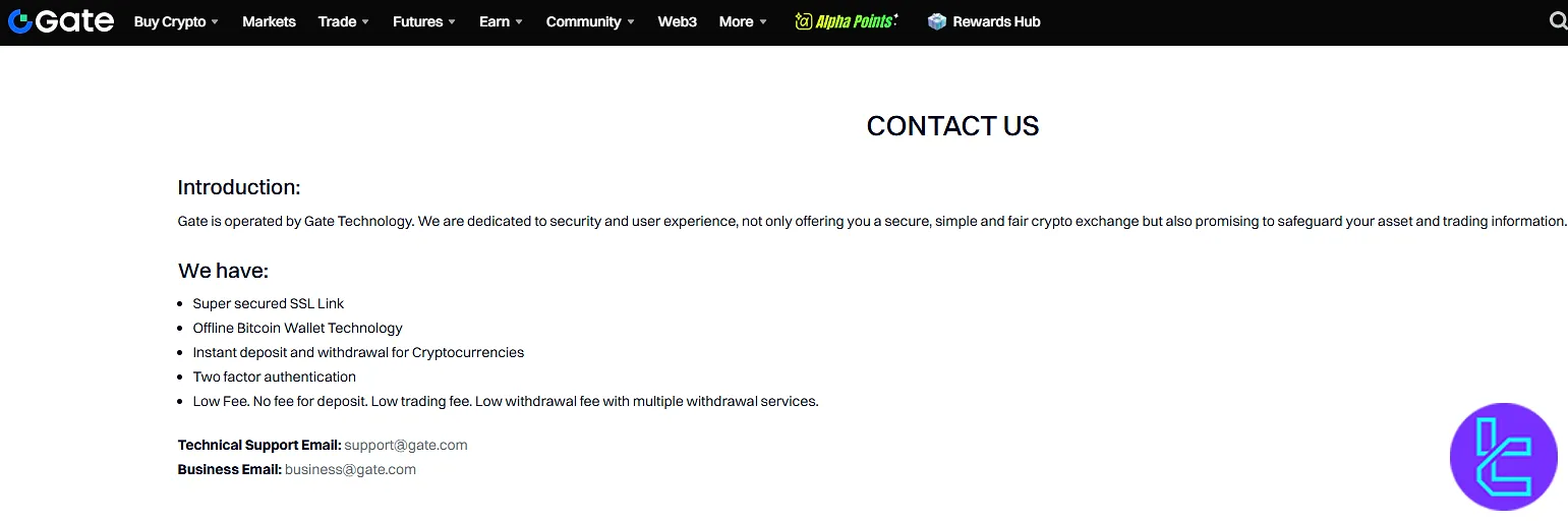 Contact information page of Gate exchange
