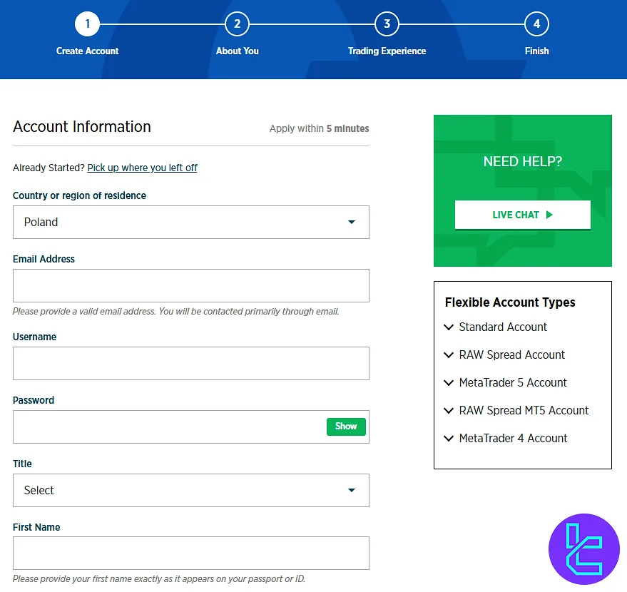 FOREX.com account registration form for new user