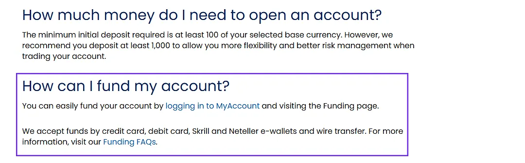 FOREX.com funding methods section highlighted