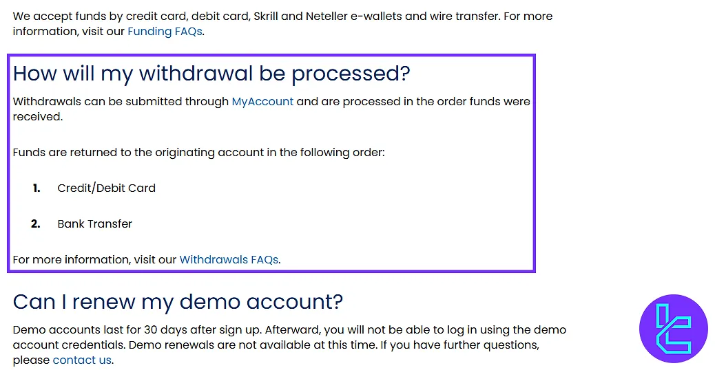 FOREX.com withdrawal process section highlighted