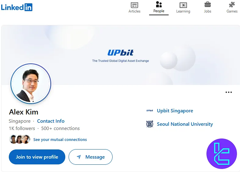 Alex Kim profile on LinkedIn linked to Upbit exchange