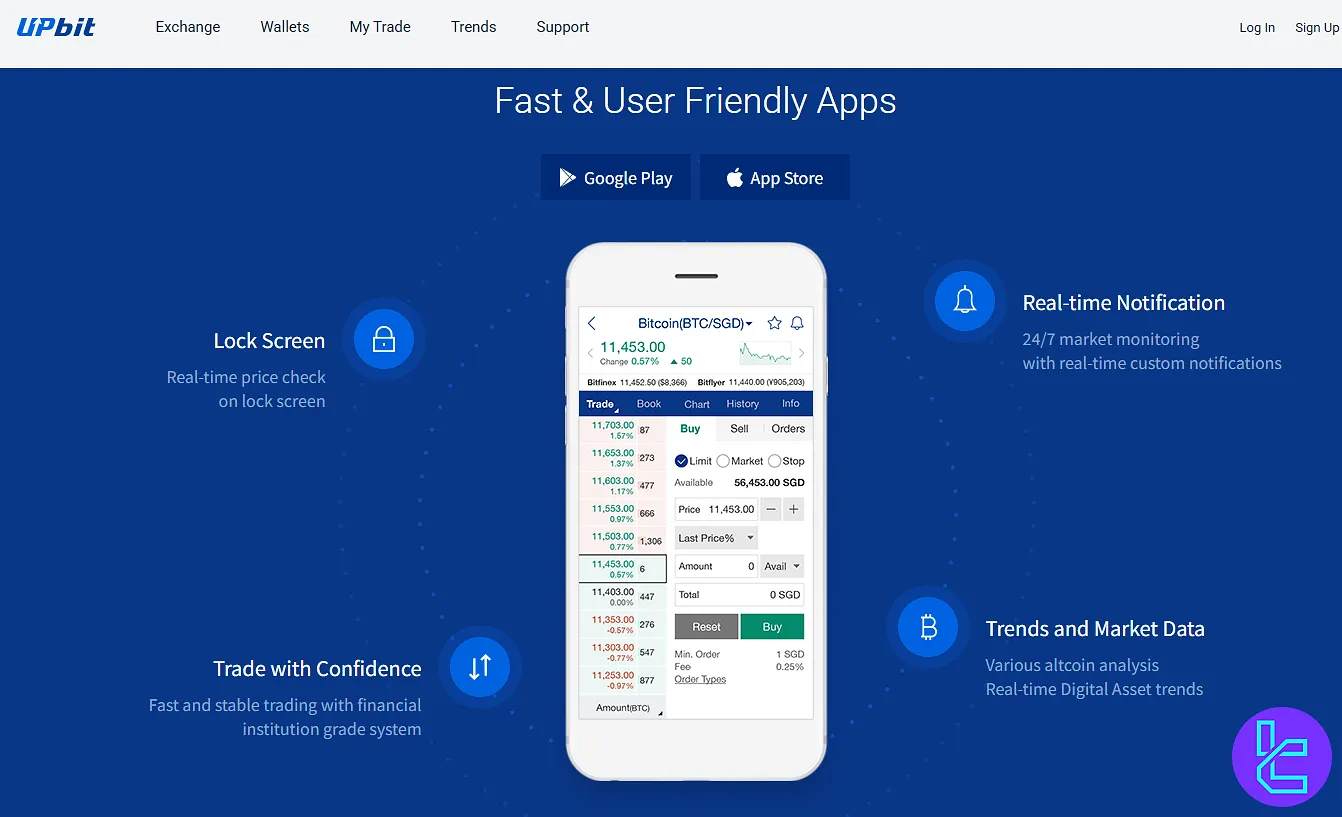 Upbit mobile app features with real-time trading tools