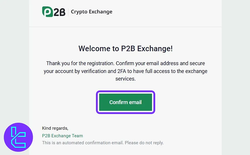 P2B email confirmation message in the account setup process