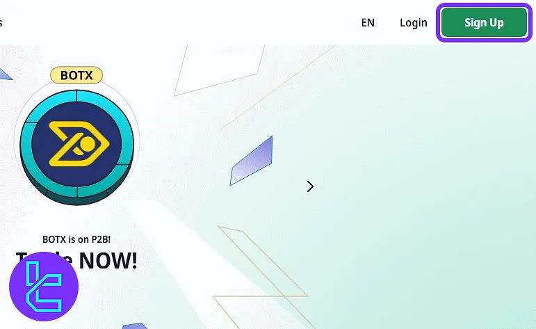 P2B exchange main website with Sign Up button highlighted