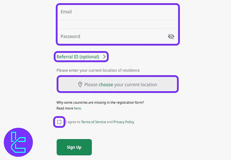 Alt: P2B exchange account setup form with fields details