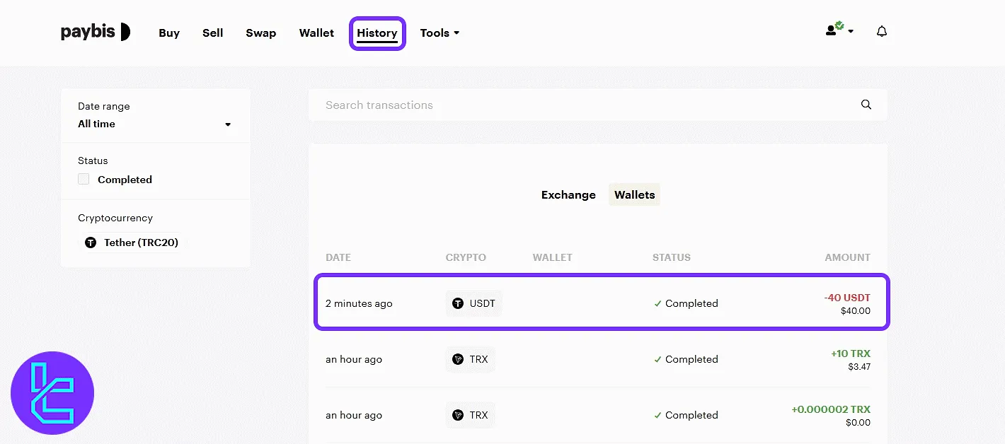 Paybis transaction record for TRC20 transfer