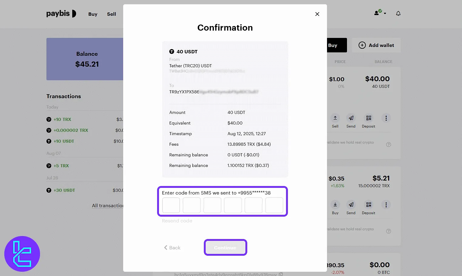 Paybis TRC20 transfer code verification