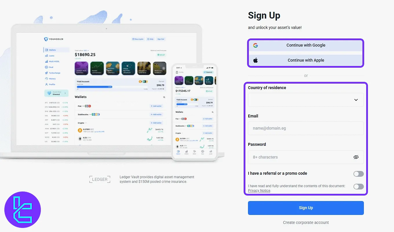YouHodler account setup form