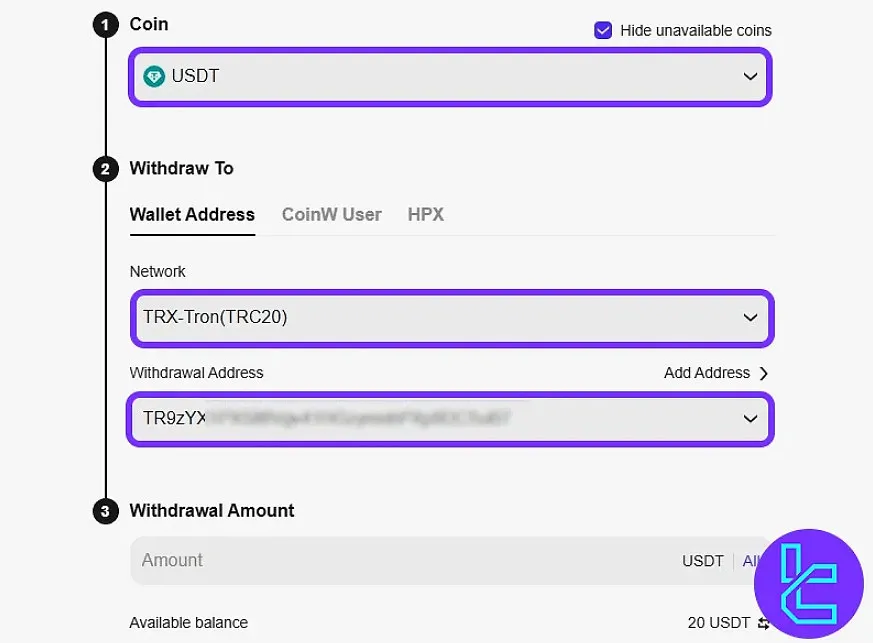 CoinW withdrawal form