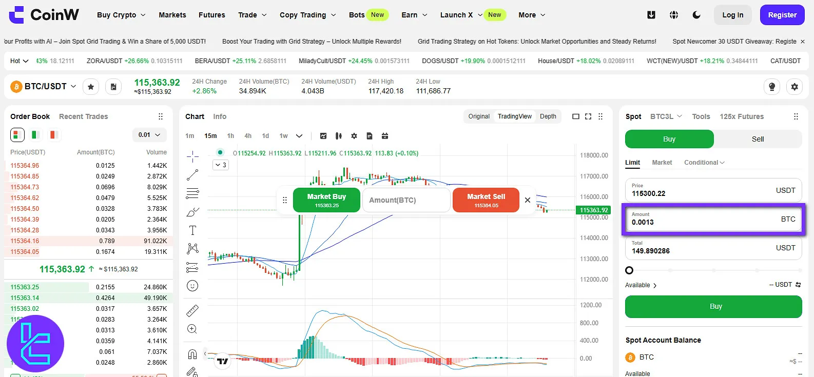 CoinW trade amount