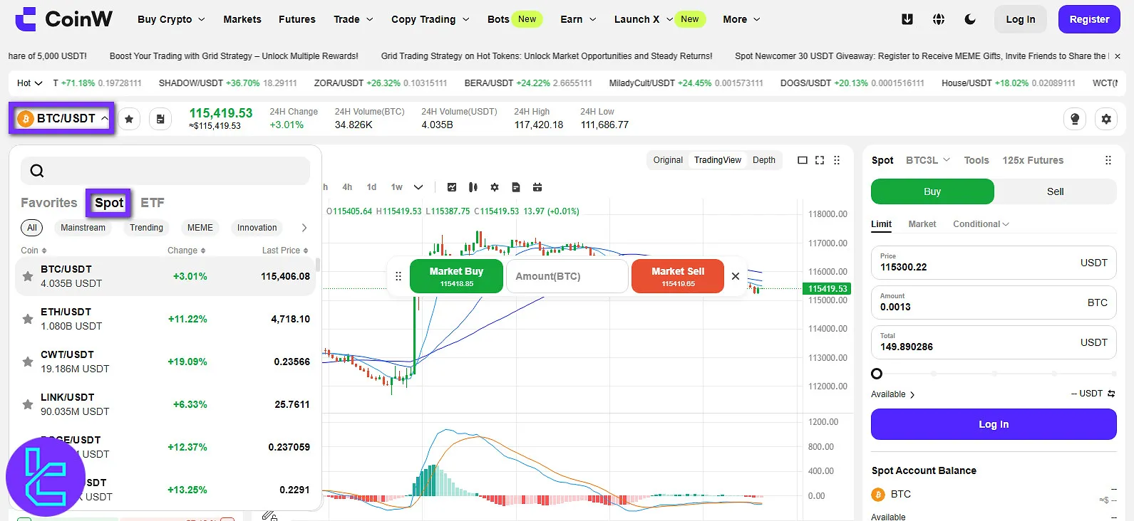 CoinW Trading pair selection