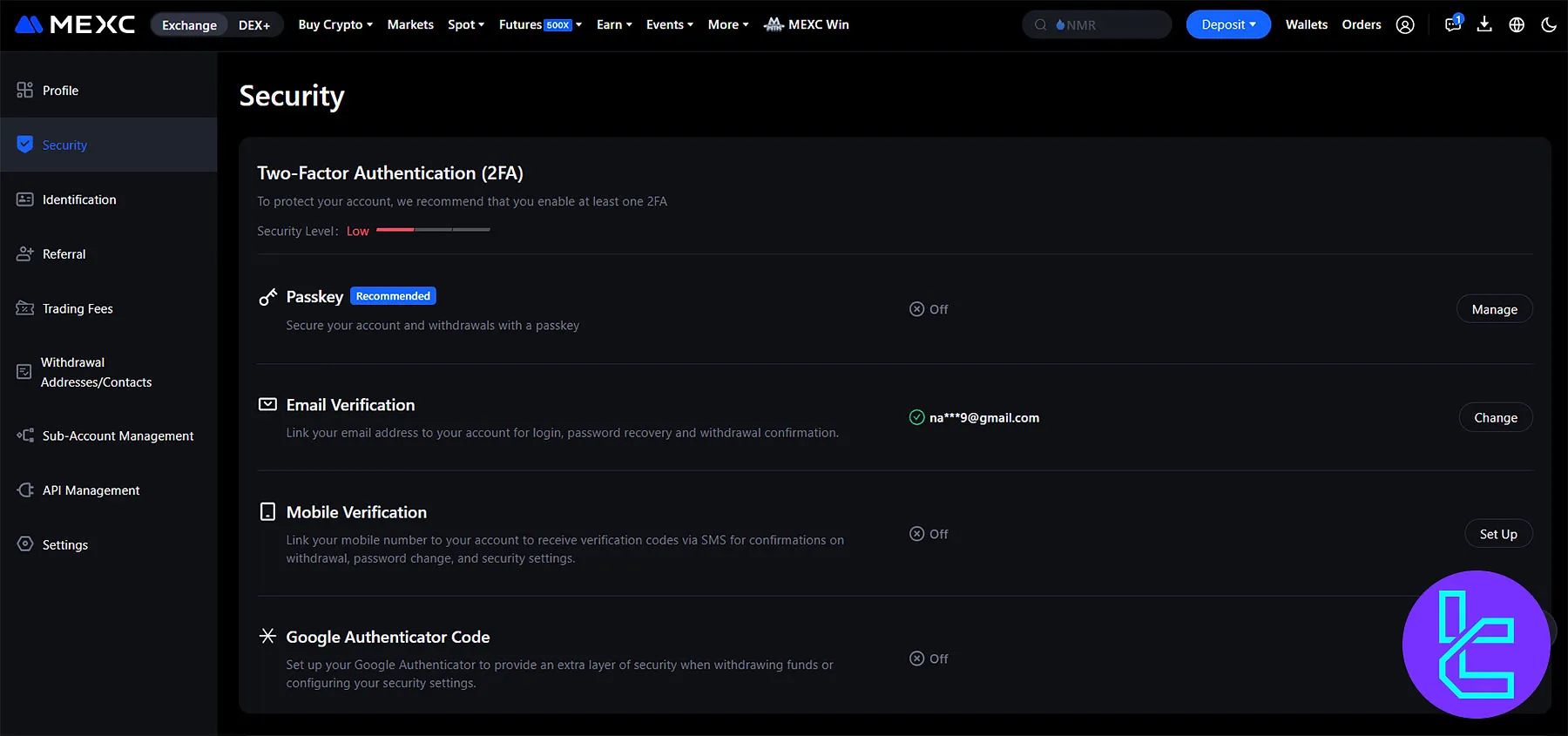 MEXC dashboard Security tab