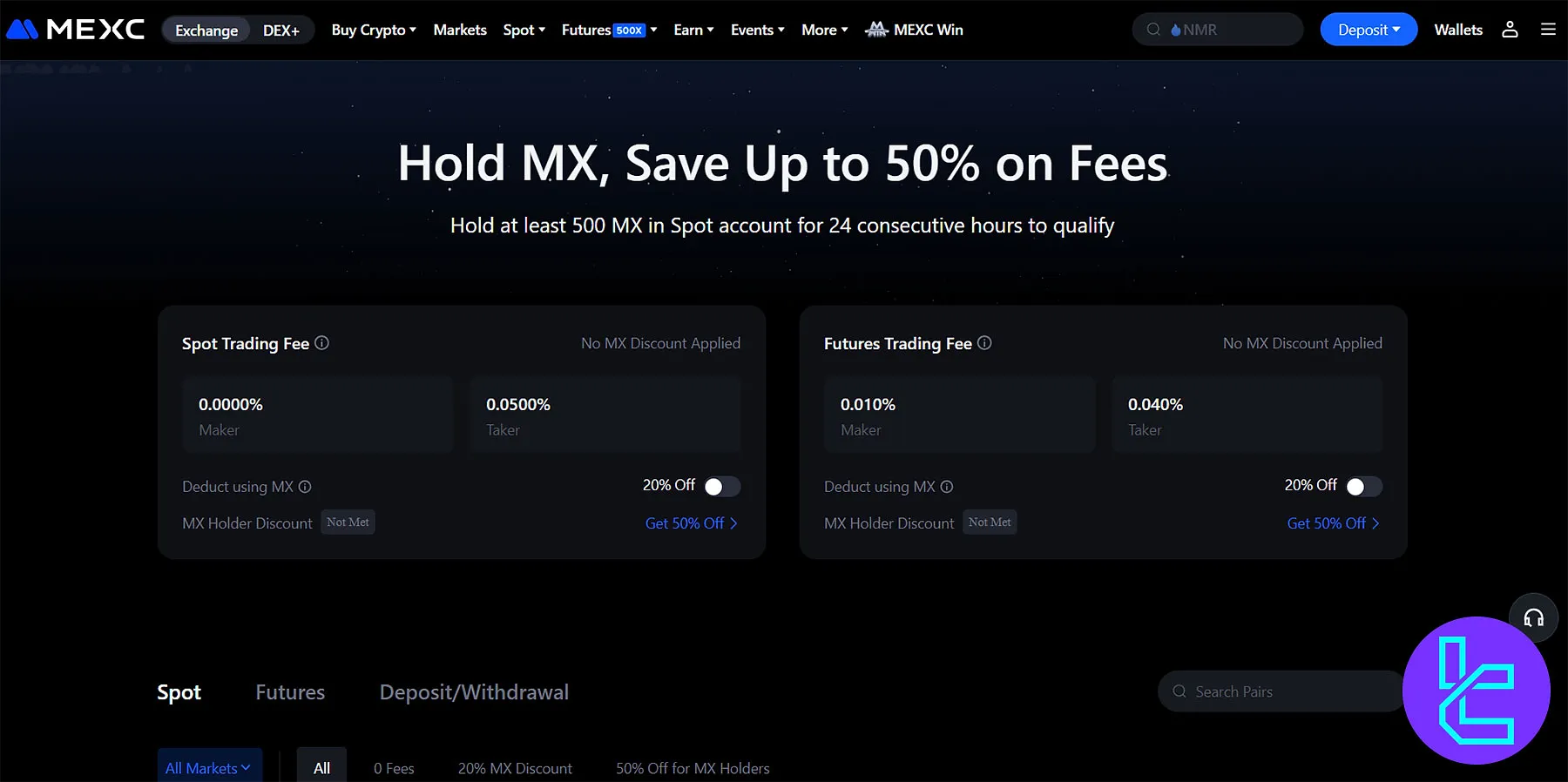 MEXC Trading Fees tab