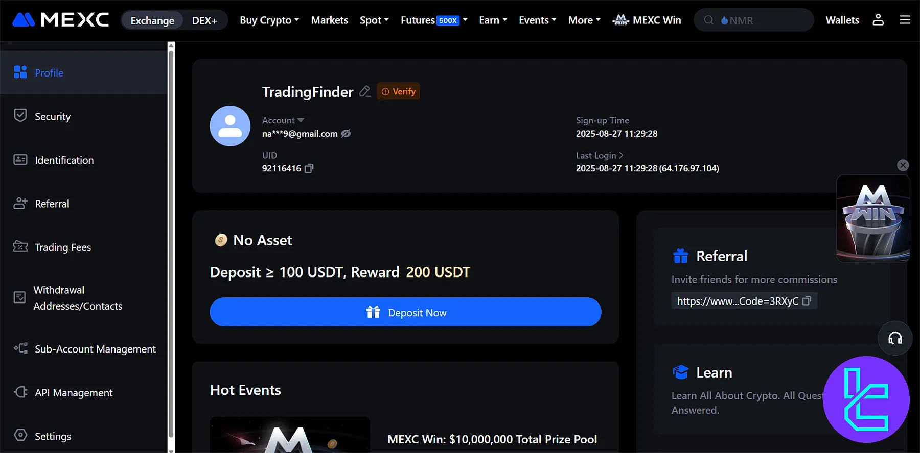 MEXC dashboard Profile