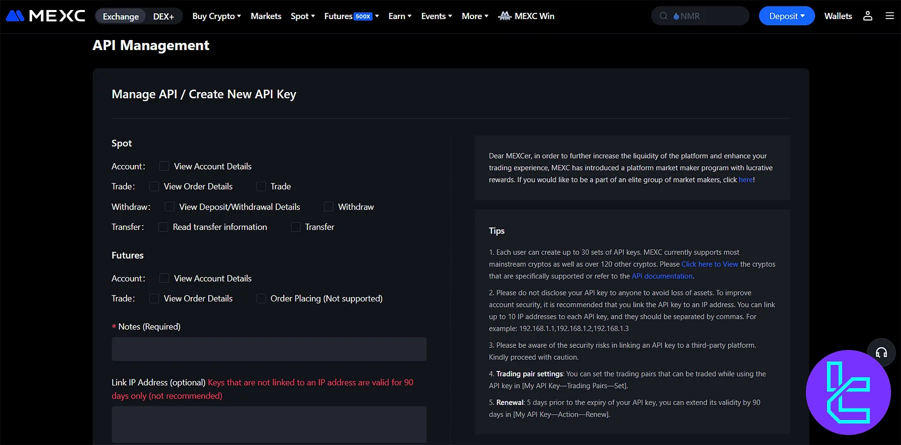 MEXC API Management tab