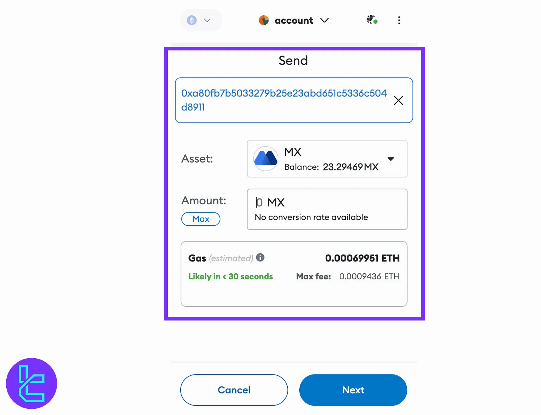 MetaMask send screen with the MEXC deposit address