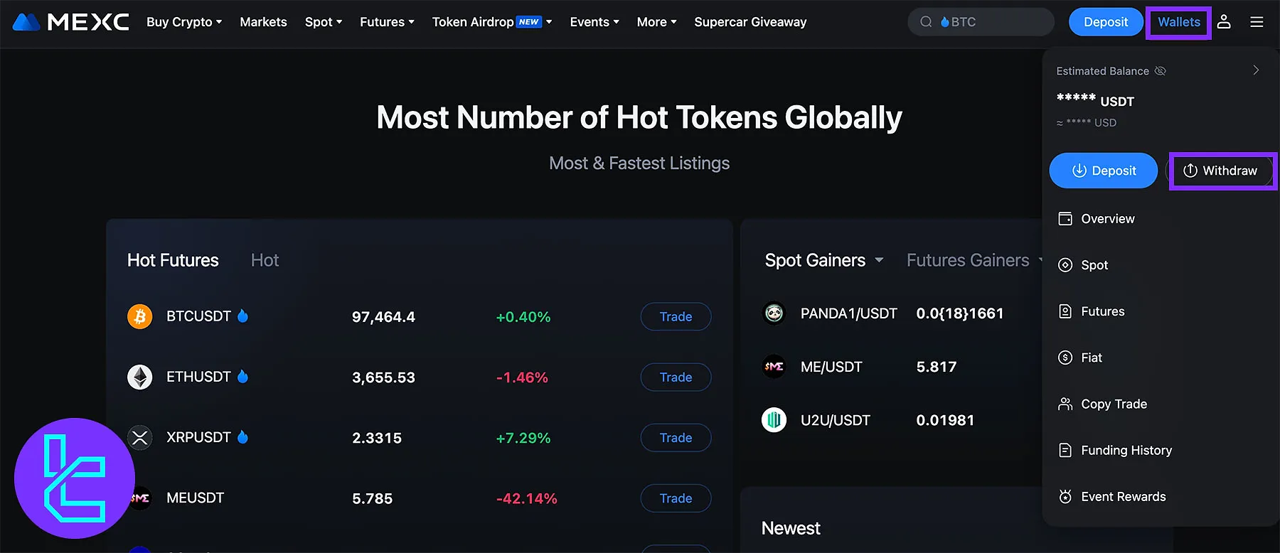 MEXC dashboard with Wallets menu open