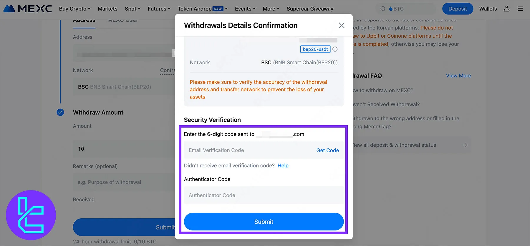 MEXC two-factor authentication for withdrawals