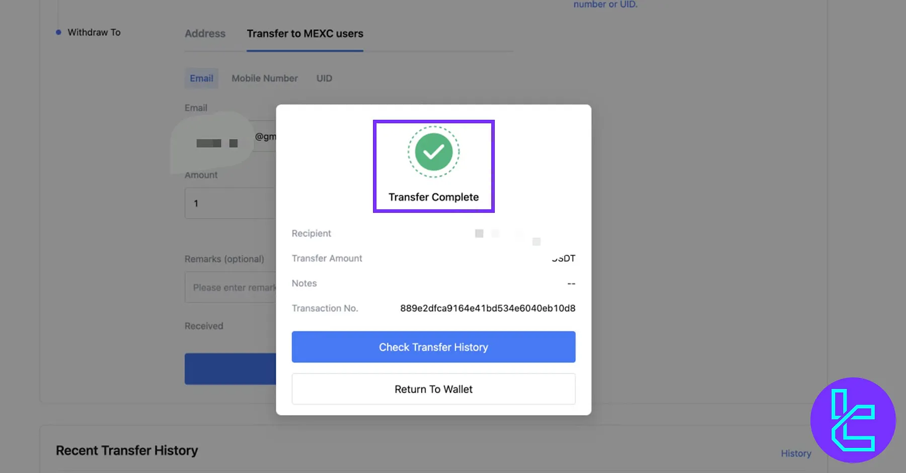 MEXC Internal Transfer Confirmation Message