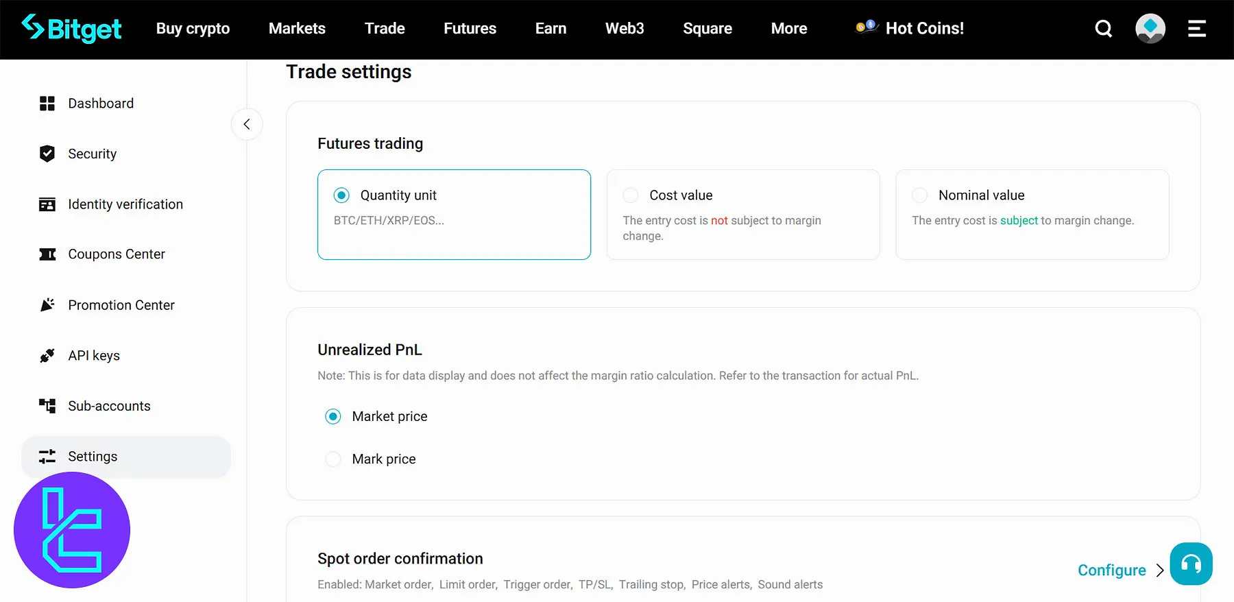 Bitget Settings tab
